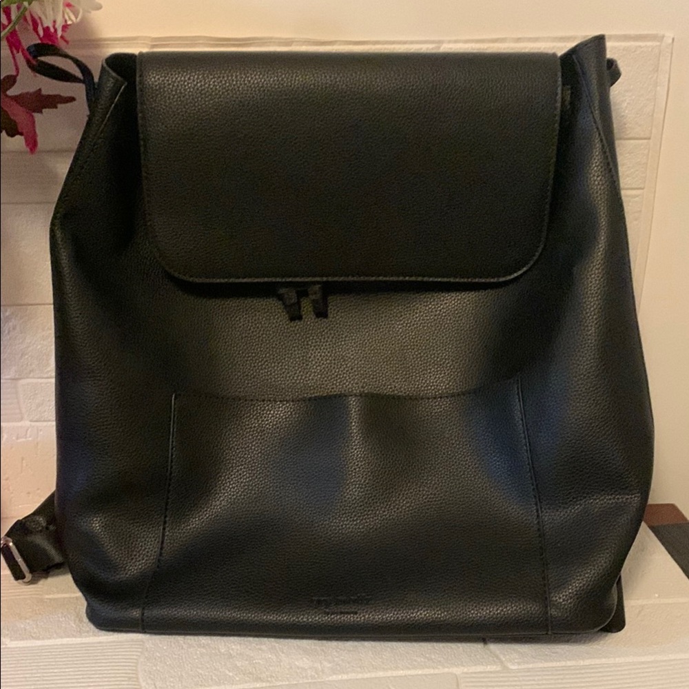Black Leather Backpack with Flap Closure
